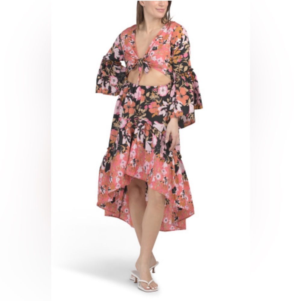 RAGA floral high low tie front midi dress NWT